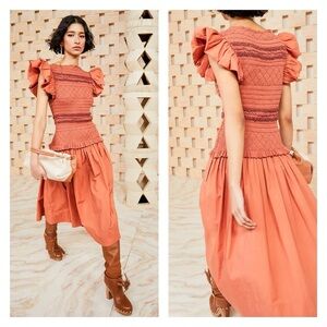 Ulla Johnson Terracotta Ruffle Midi Dress